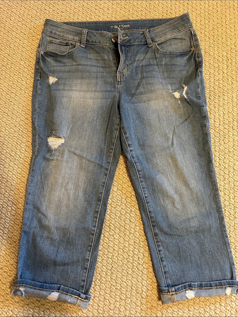 Maurices Blue Distressed Boyfriend Capri Jeans 12 Stretchy!